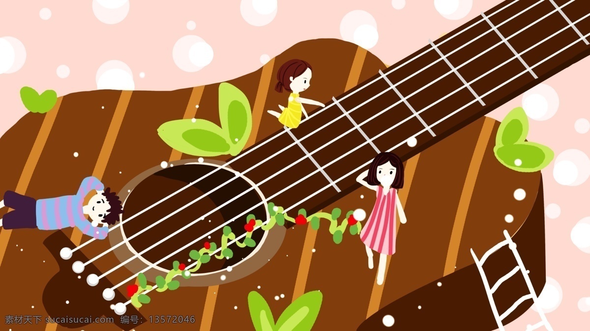 吉他 上 孩子 音乐 插画 卡通 可爱 清新 音乐节 绘画 精灵 治愈