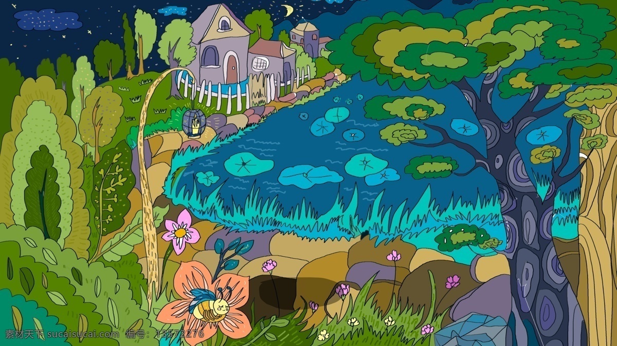 手绘 河边 春天 风景 插画 背景 插画背景 河边风景 春天风景 通用背景 手绘背景 卡通背景 植物背景