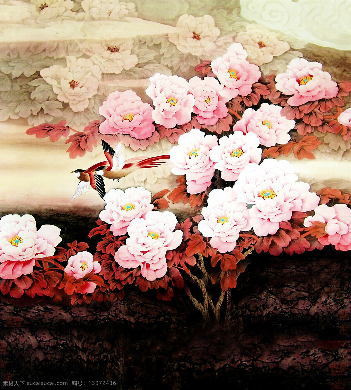 粉色免费下载 工笔画 牡丹 手绘 家居装饰素材