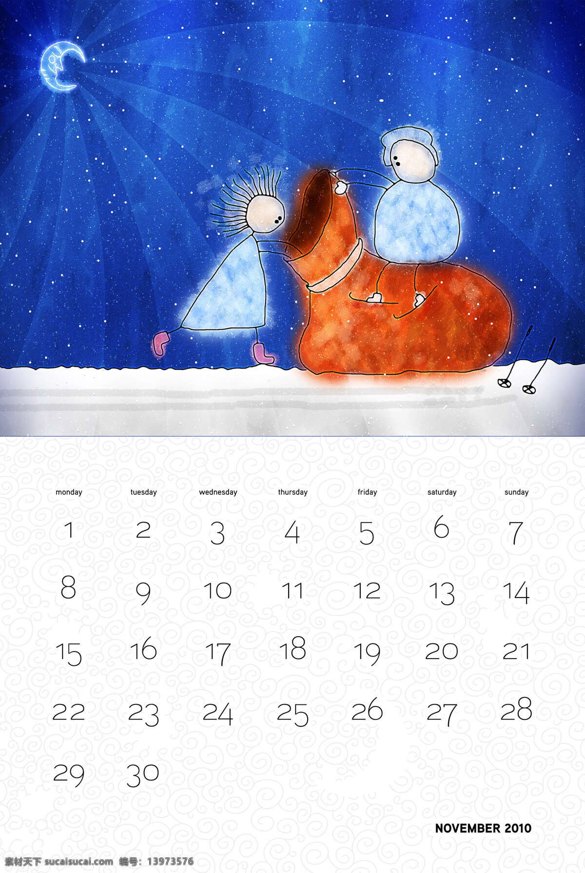 11月 2010年 插画 挂历 画册设计 卡通 日历 圣诞日历 台历 星期 手绘 月亮 星星 小人 袜子