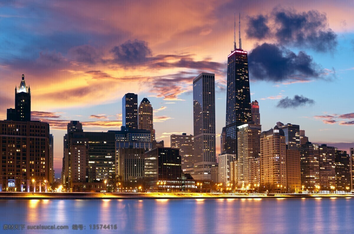 芝加哥 城市 建筑 高楼 大厦 大楼 摩天楼 云彩 天空 壮观 夜景 景观 灯光 都市 繁华 建筑摄影 建筑园林