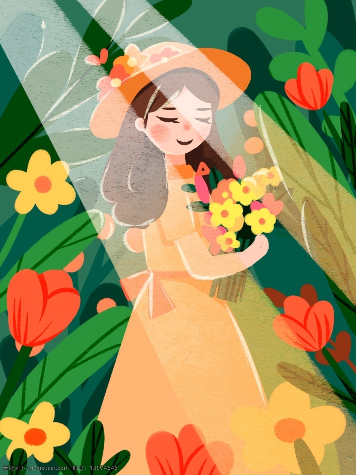 手绘 浪漫 夏至 少女 捧 花 背景 花丛 花束 夏天