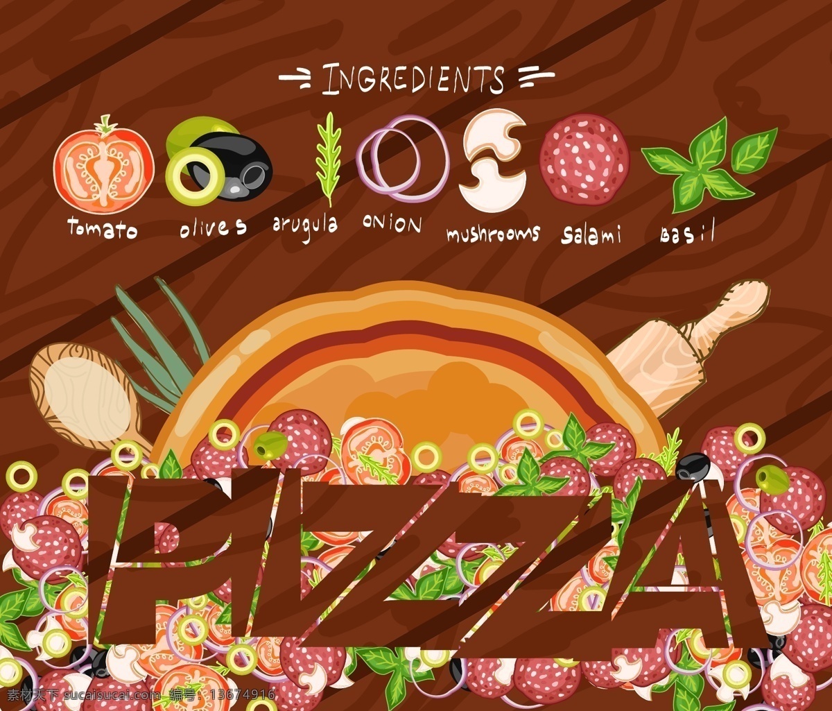 时尚 创意 食 材 披萨 背景 底纹 食材 美食 蔬菜 香肠