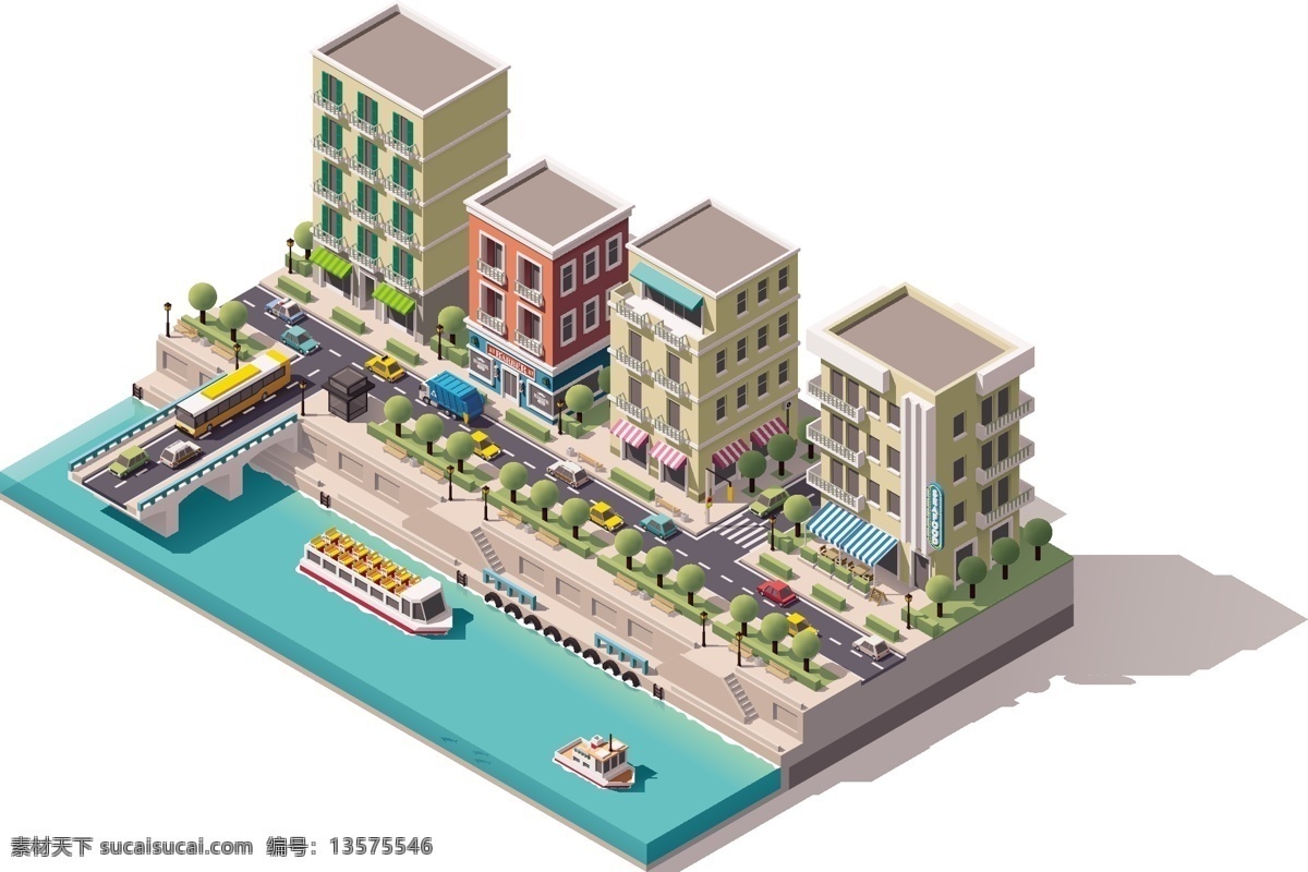 城镇街边 城镇 街边 水岸 河岸 河边 3d 居民区 小镇 小城镇 桥 船 生活区 街区 生活 商铺 等距建筑 城市 共享 等距 建筑物 环境设计 景观设计