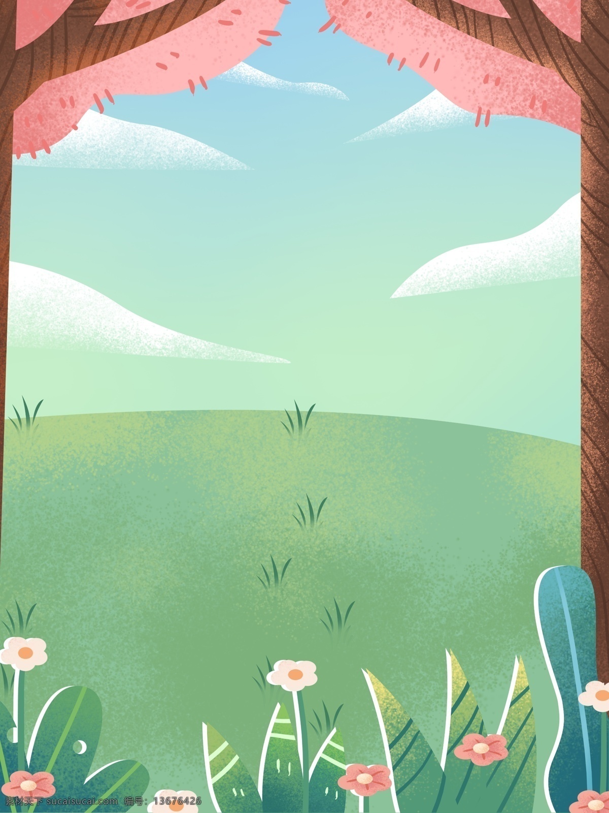 三月 你好 治愈 系 小 清新 踏青 插画 背景 绿色背景 治愈系背景 插画背景 植物背景 花卉背景 景色插画背景