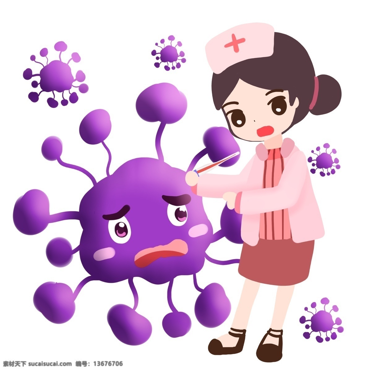 护士 紫色 细菌 治疗 卡通 制服 病毒 医学 生物 害怕 医疗 医院 疾病 生病 菌体 菌状 细胞