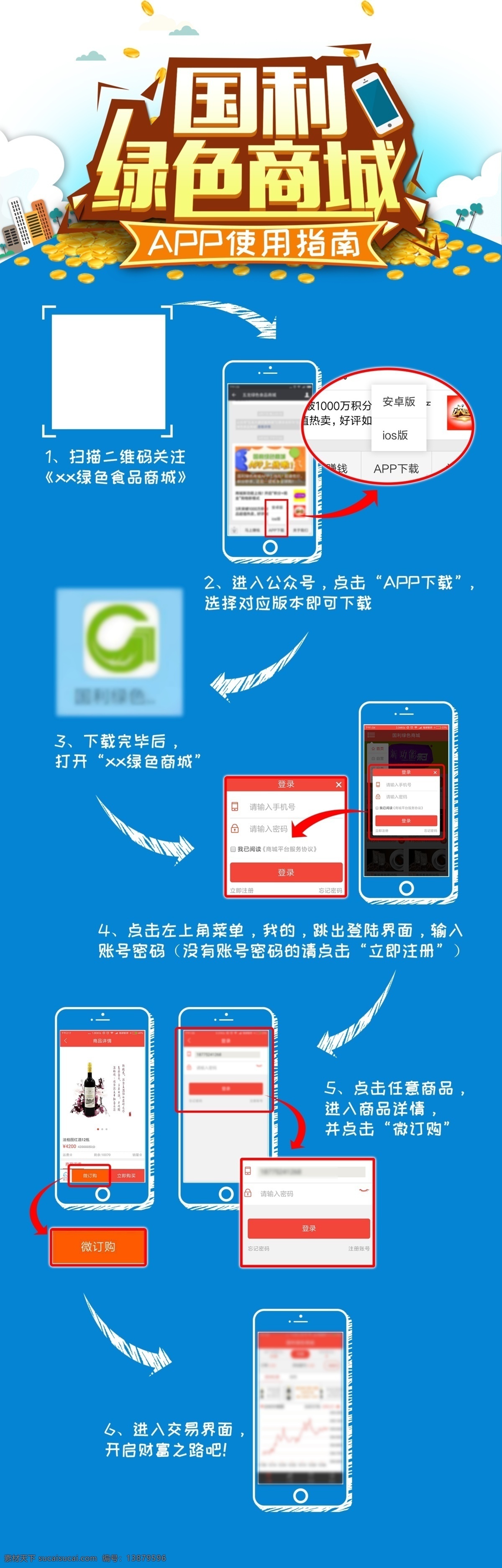 商城 app 使用指南 商城app 蓝色 手机 箭头 流程 流程图 黄色 金币 简约 白云 公众号 红色 移动界面设计 手机界面