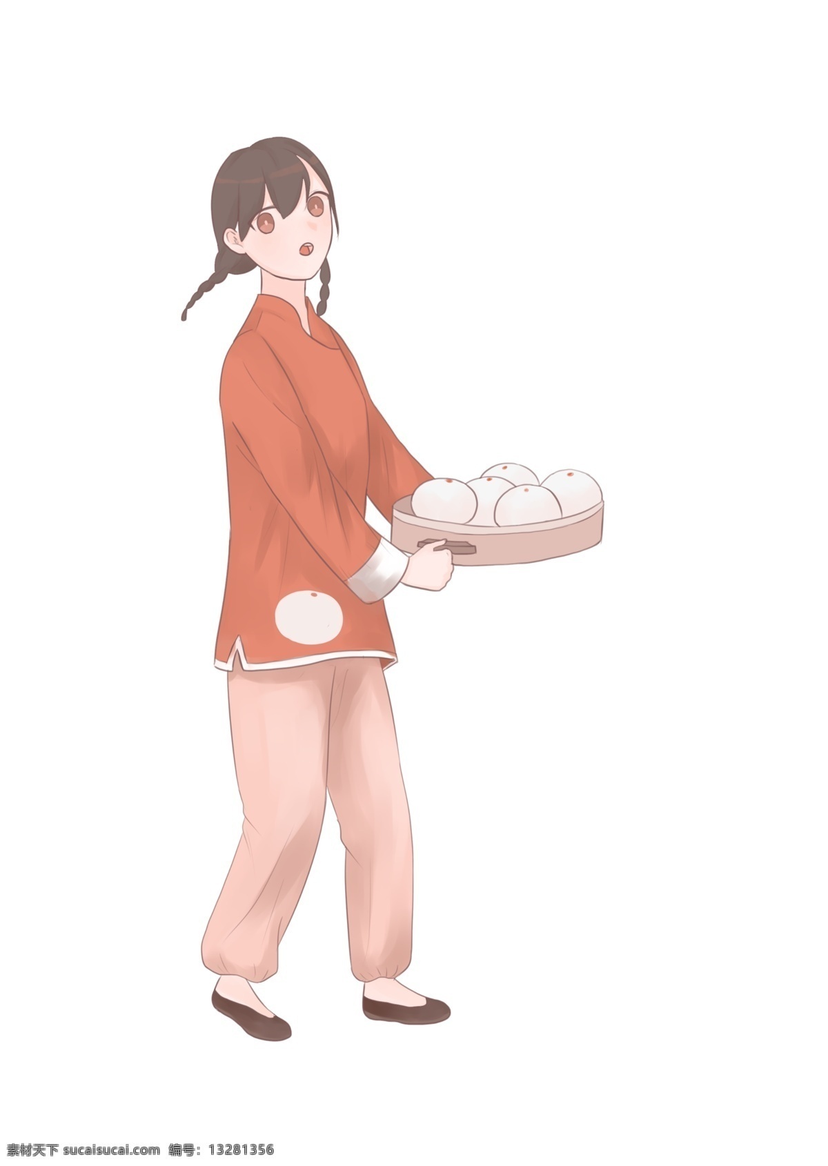 春节 人物 馒头 插画 漂亮的小女孩 美味的食物 白色的馒头 馒头装饰 手绘 蒸熟的馒头