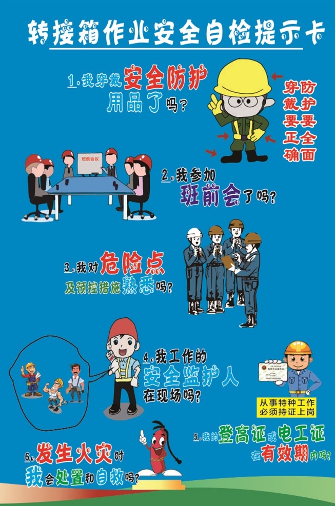 转接 箱 作业 安全 自检 提示卡 转接箱 电箱 卡通 工人 挂图 建筑 电工