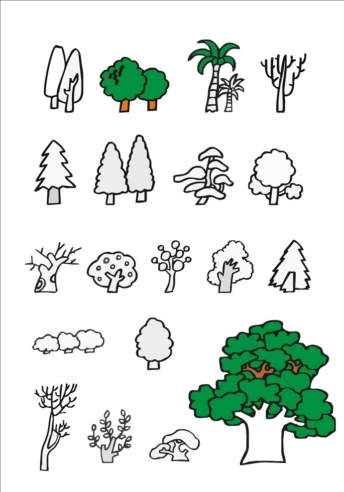 树木简笔画 树木 绿色 黑色 简笔画 卡通 卡通设计