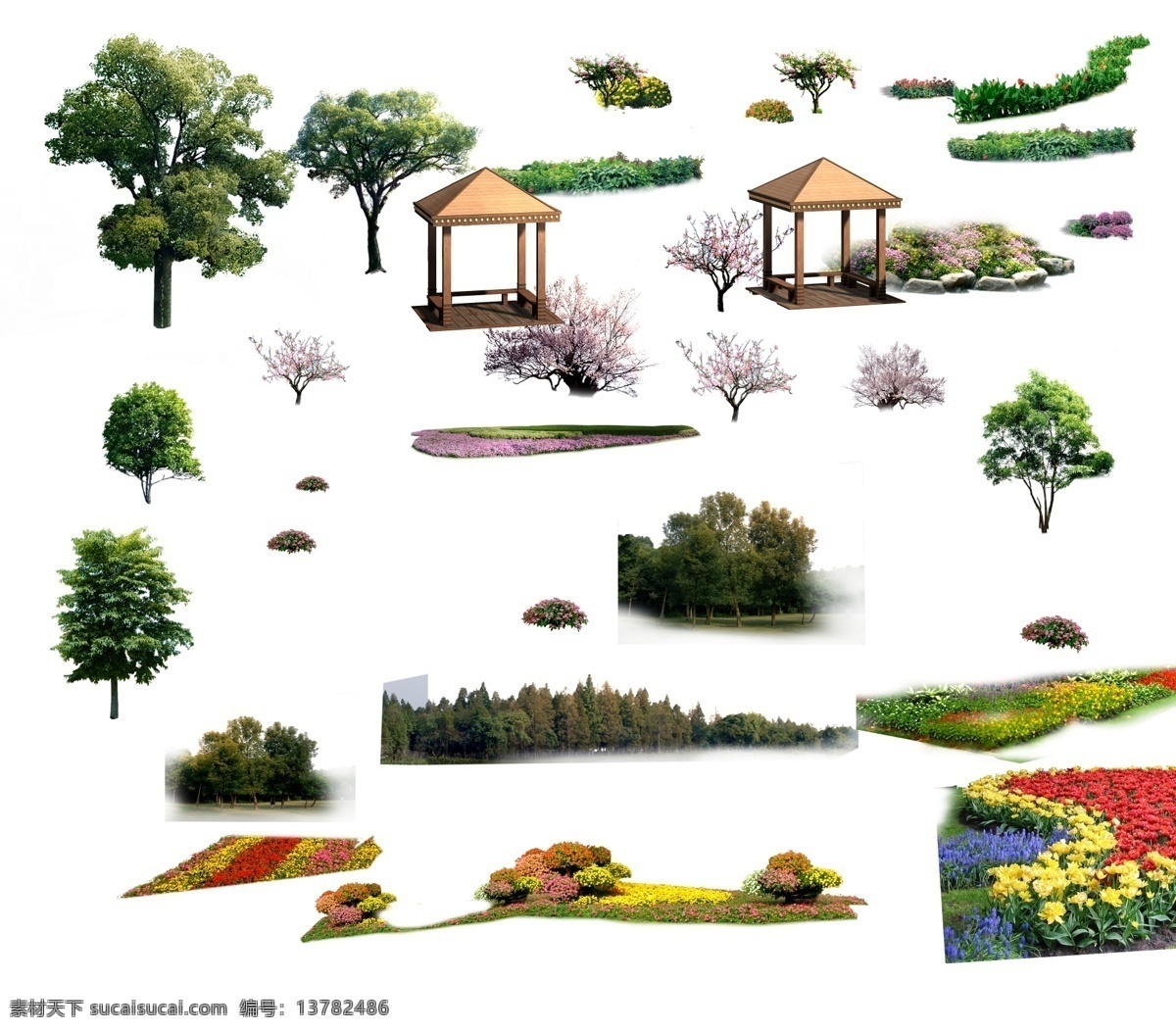 效果图 后期树色 亭子 园林效果图 植物 色带 桃树 凉亭 花丛 树木 其他设计 环境设计 源文件