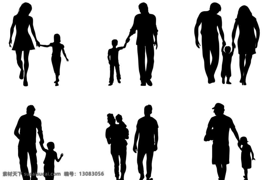亲子剪影图片 走路 孩子 父母 人物 剪影 家 家庭 牵手 矢量图