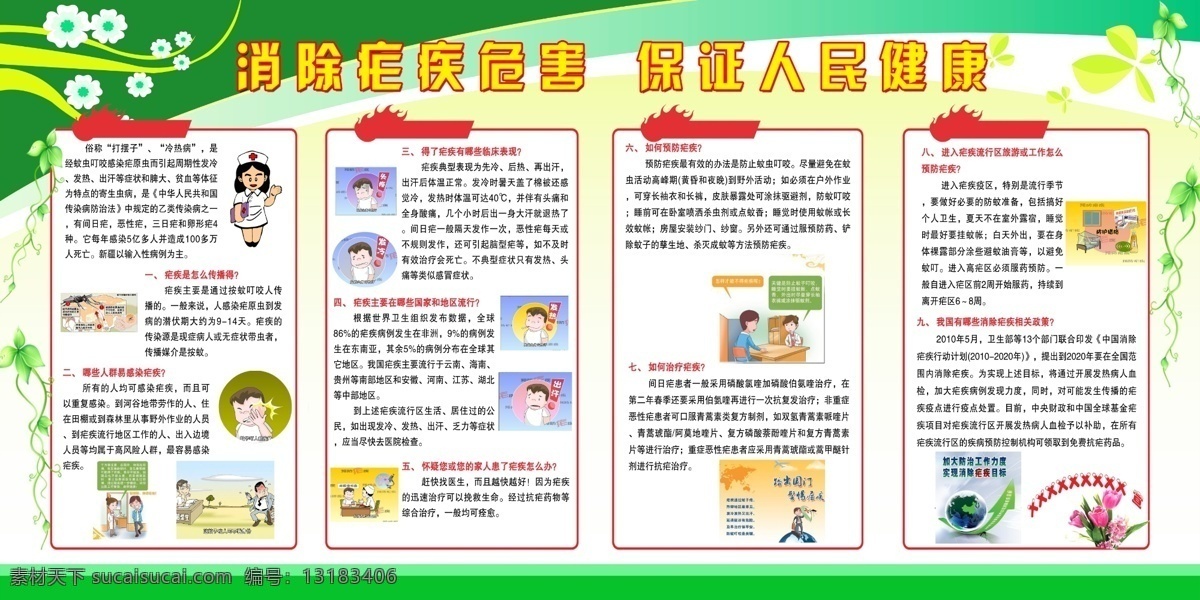 疟疾宣传栏 疟疾 健康教育 宣传栏 预防疟疾 保证健康 疟疾的传播 预防 如何治疗疟疾 心形 卡通人物 医生 宣传栏展板 绿色 清新 地球 展板模板 广告设计模板 源文件