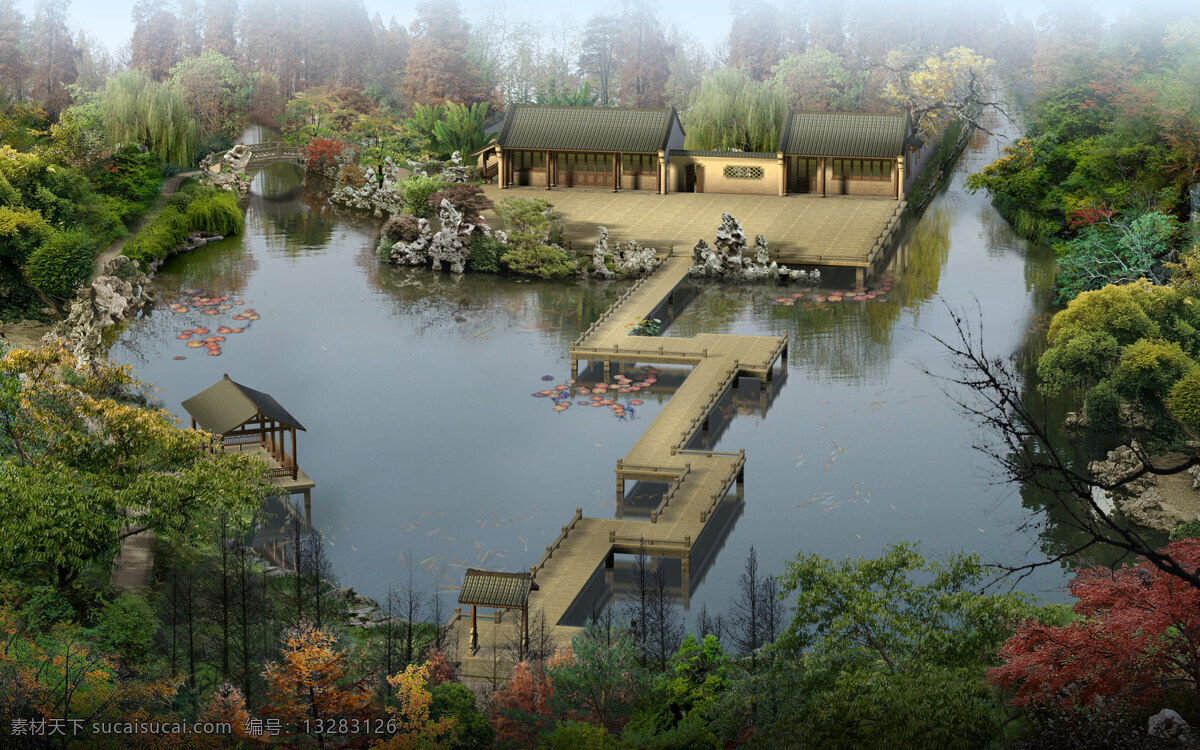 湖中宅院 古建筑 效果图 景观 园林 三维 中式 景观设计 环境设计