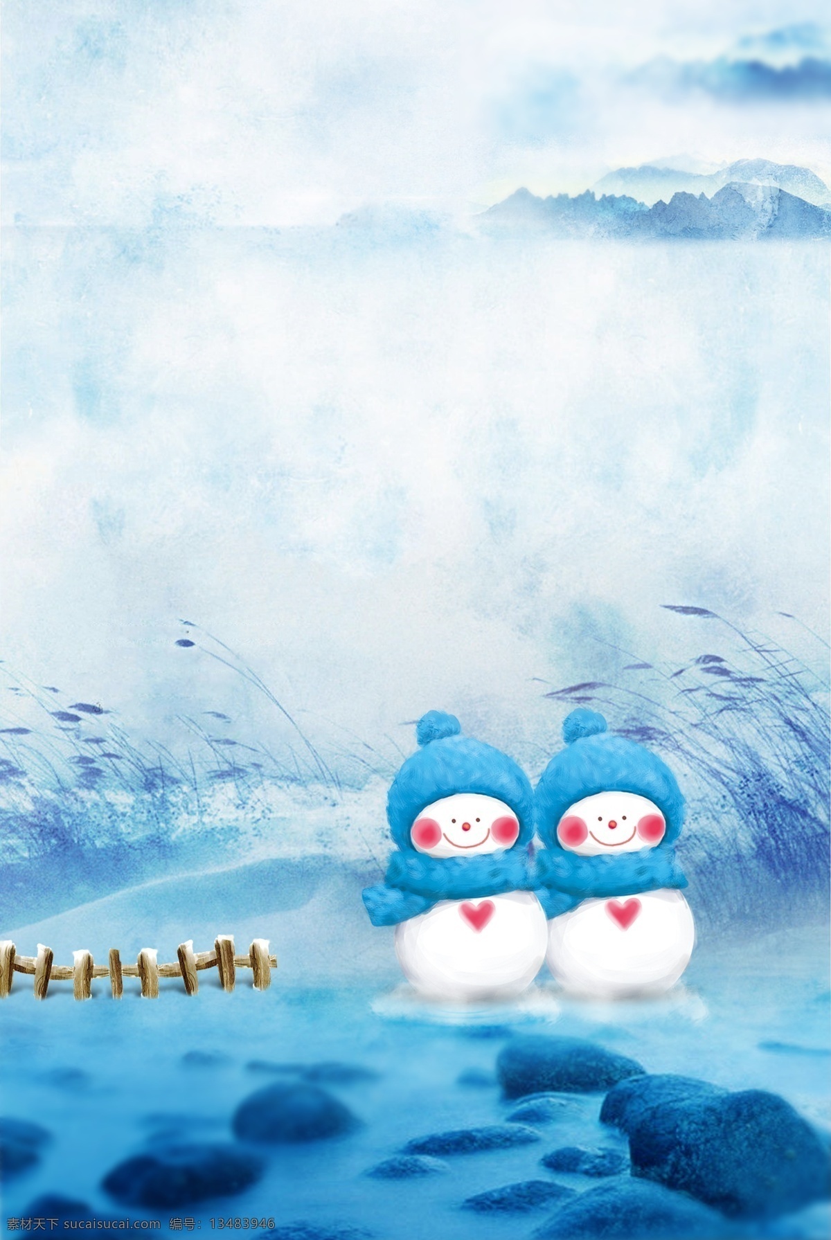唯美 冬季 雪人 背景 蓝色背景 中国风 冬天 雪景 彩绘 双胞胎雪人 大雪 冬季节气 小雪 冬季素材 中国风节气 背景设计 彩绘背景