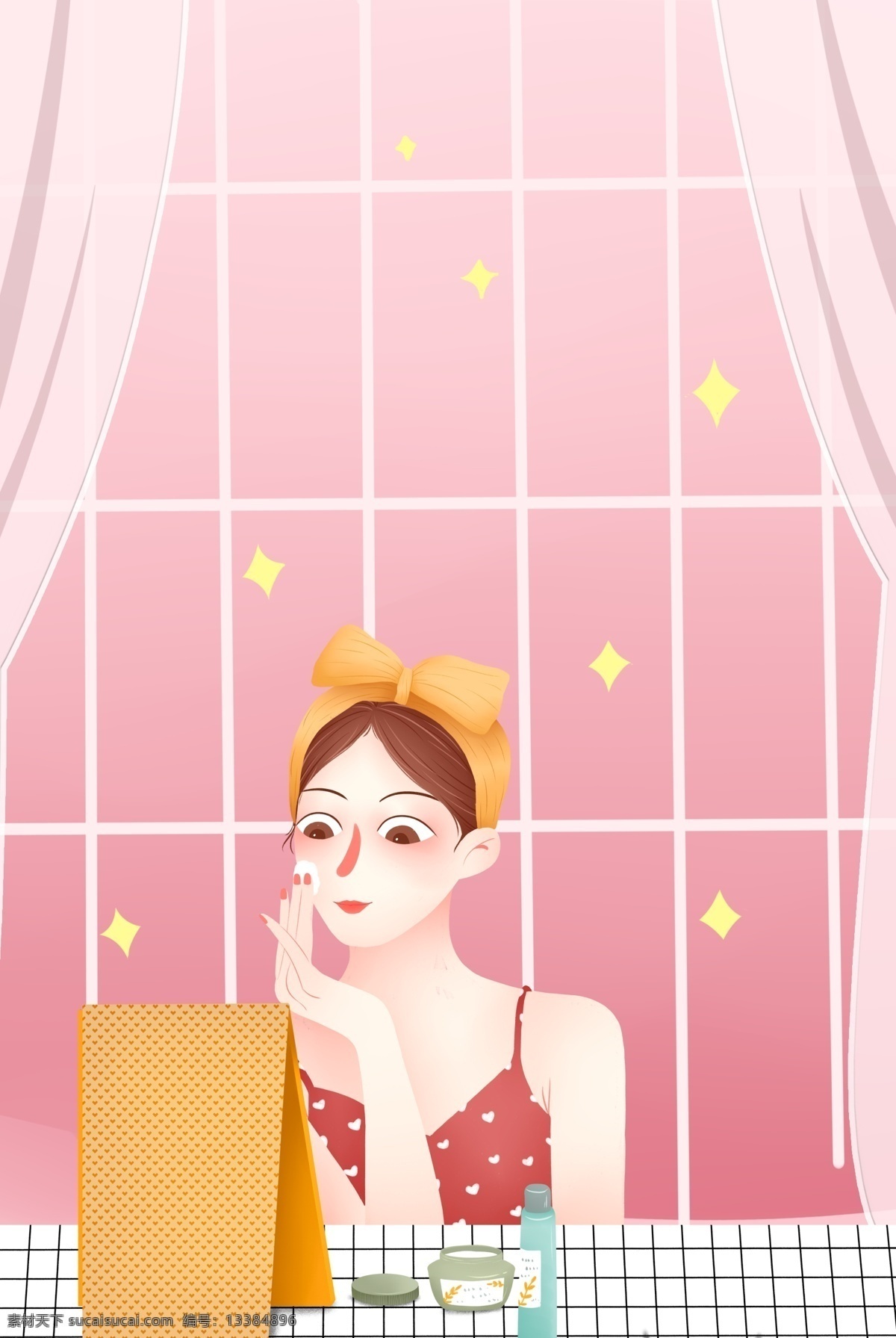 美 妆 博 主 化妆 护肤品 促销 海报 美妆 美女 人物 家居 插画风 促销海报