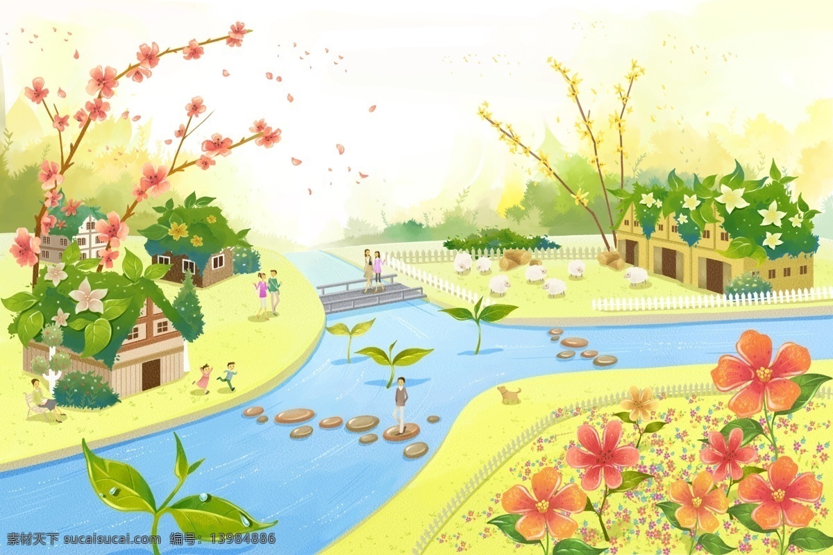 春天 春天插画 公园 春天卡通 春暖花开 鲜花 河流 河水 屋子 小木屋 春游 踏青 出游 绿色 绿树 大自然 自然 六一儿童节 儿童节 节日素材 源文件