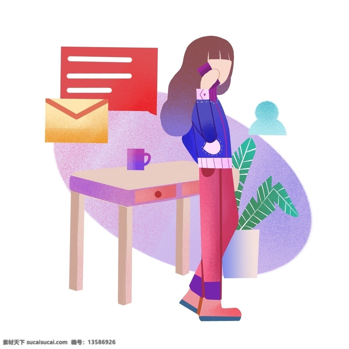 漂亮 小女孩 信封 办公 商务 人物 插画 黄色的信封 黄色的桌子 紫色的茶杯 漂亮的小女孩 绿色的叶子
