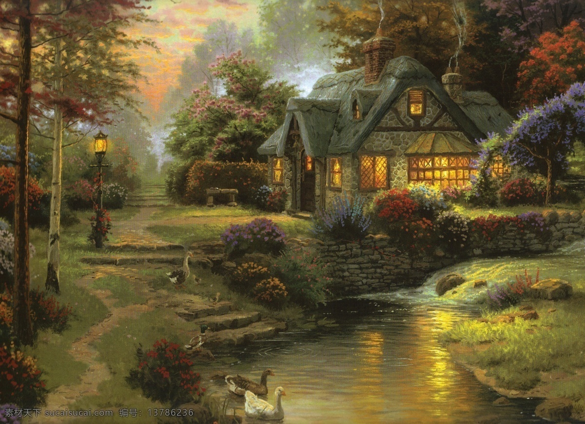 托马斯油画 风景油画 唯美油画 壁画 别墅 城堡 绘画书法 小河 童话世界 夜色 小屋 油画素材 文化艺术