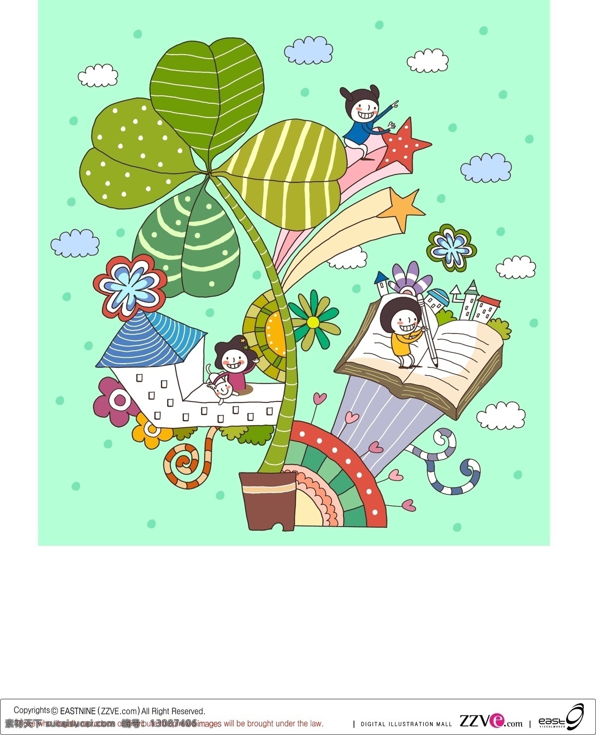 可爱 韩国 儿童 四 叶 草 矢量 孩子 卡通 铅笔 三叶草 书本 图案背景矢量 云 元 矢量图 花纹花边