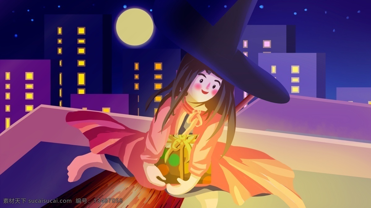 儿童 日 梦幻 夜晚 骑 扫把 城市 上空 送礼 物 小魔女 梦幻夜晚 城市上空 骑扫把 送礼物 世界儿童日