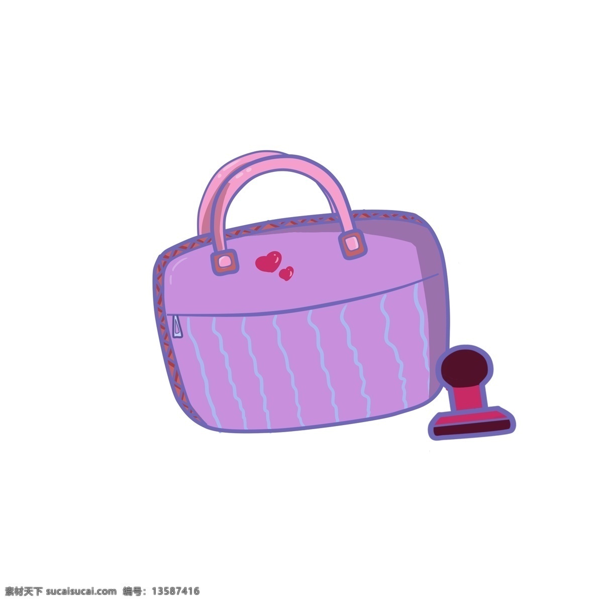 紫色 背包 卡通 插画 紫色的包包 红色印章 蓝色的花纹 红色爱心 挎包插画 卡通背包插画 紫色的背包