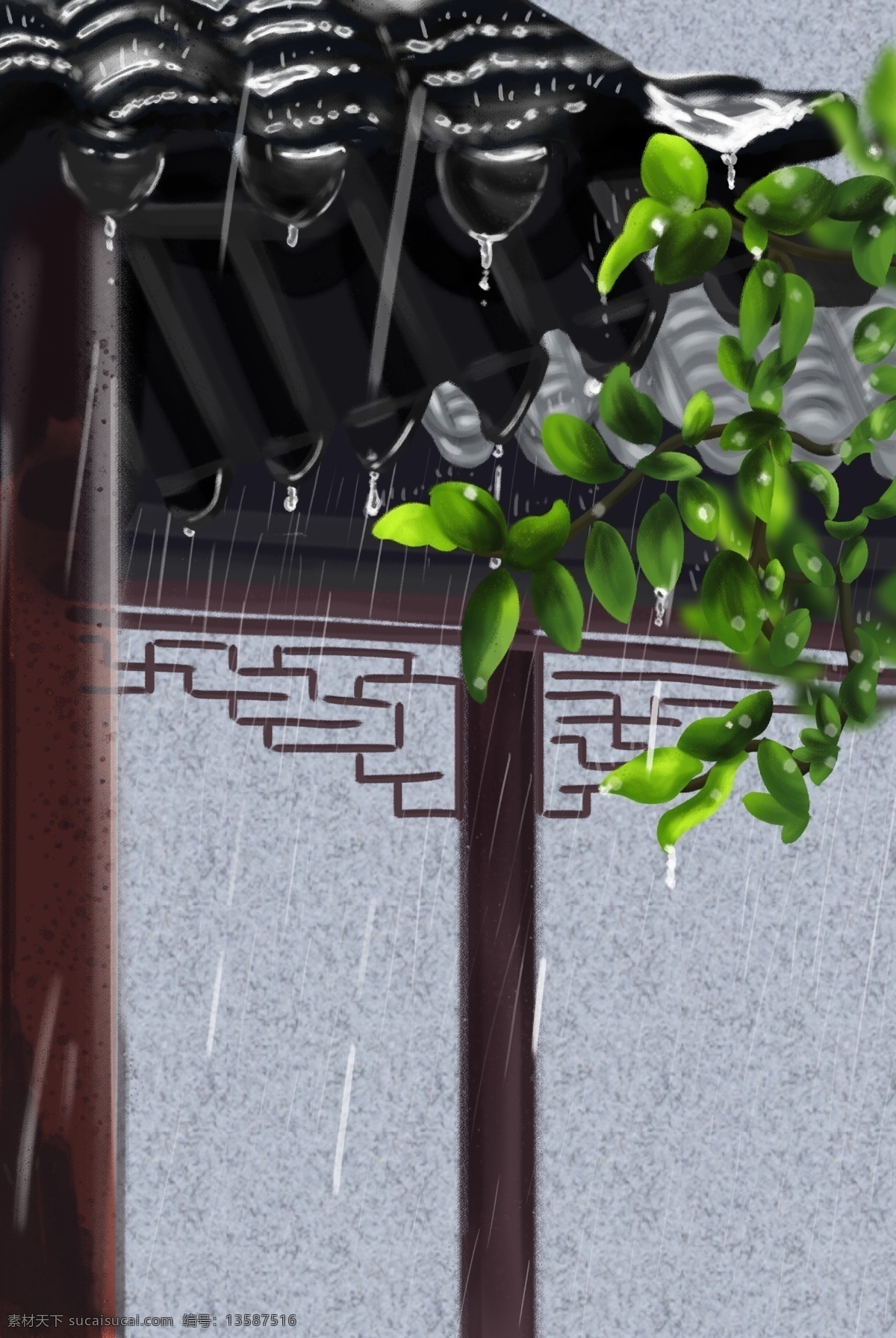 春天 春雨 里 建筑 屋檐 雨滴 手绘 插画 古建筑 下雨 凉亭 叶子 屋 檐 植物 中式建筑 国风 古风 房地产 中式