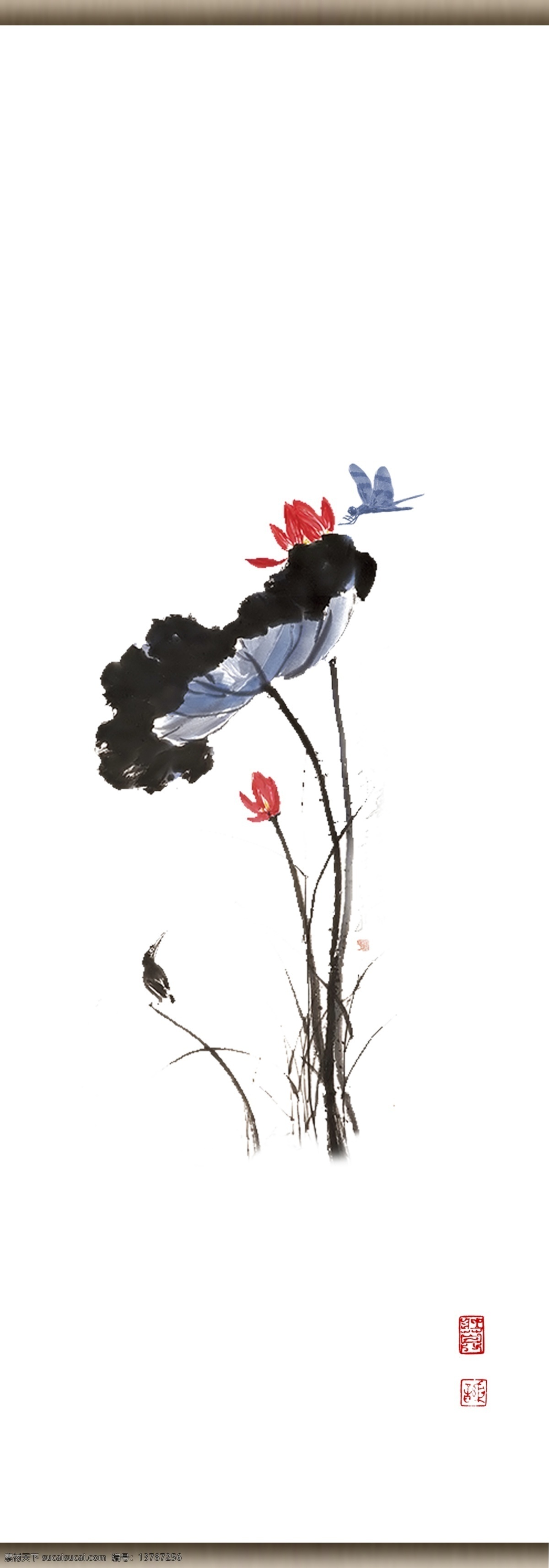 中式水墨荷花 中式 花鸟 荷花 碗莲 水墨 古画 茶室 挂帘 装饰画 复古 文化艺术 绘画书法