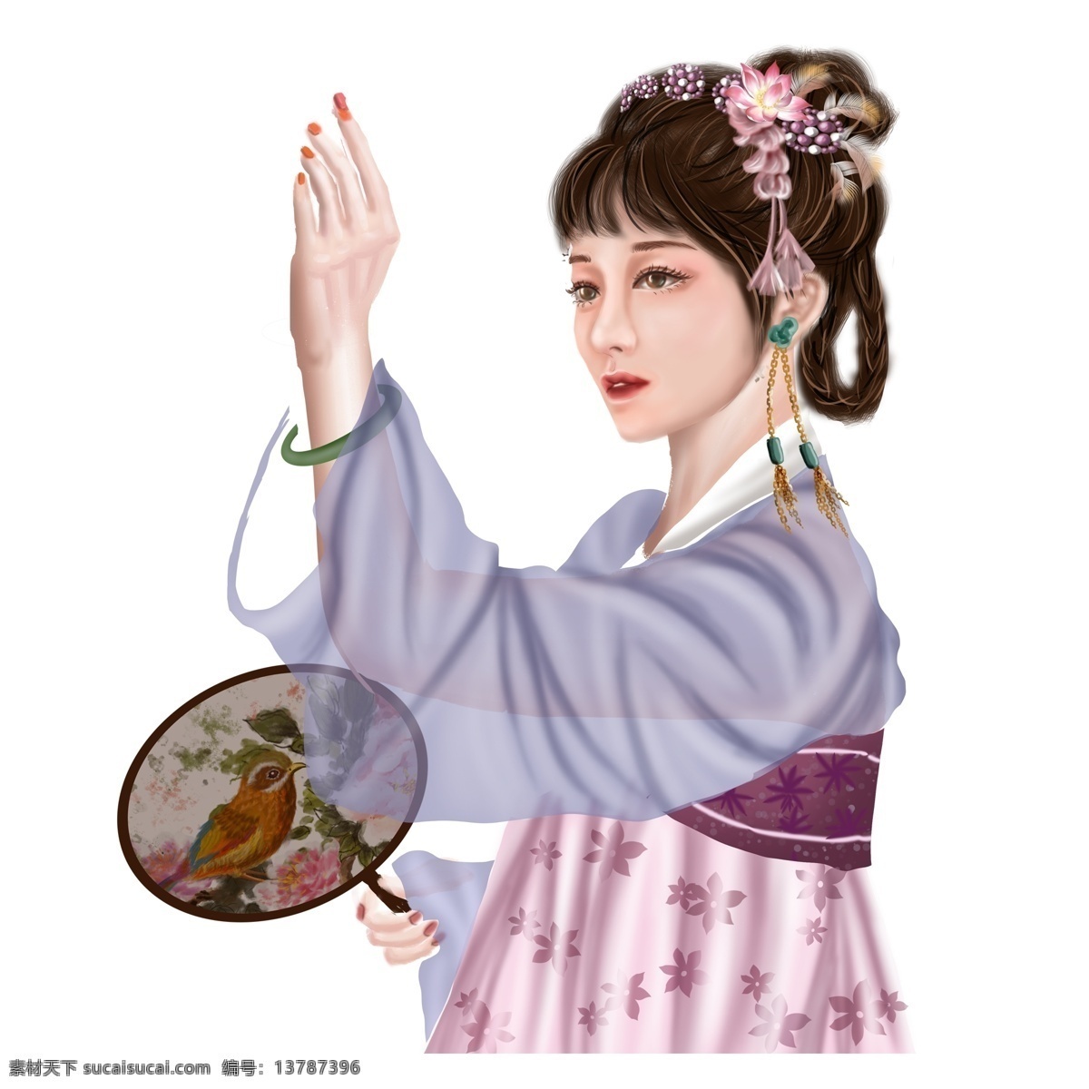 古风 扇子 美女 插画 古典 卡通 红色 古风元素 人物素材