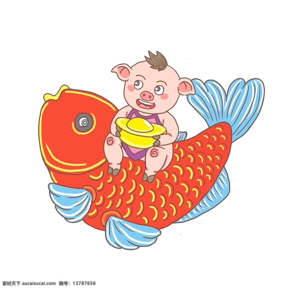猪年 卡通 手绘 坐 鱼 猪娃 抱 金元宝 2019年 小猪 发红包 卡通猪 元宝猪 财神 金币猪 春联猪 福字猪 鞭炮 爆竹 烟花