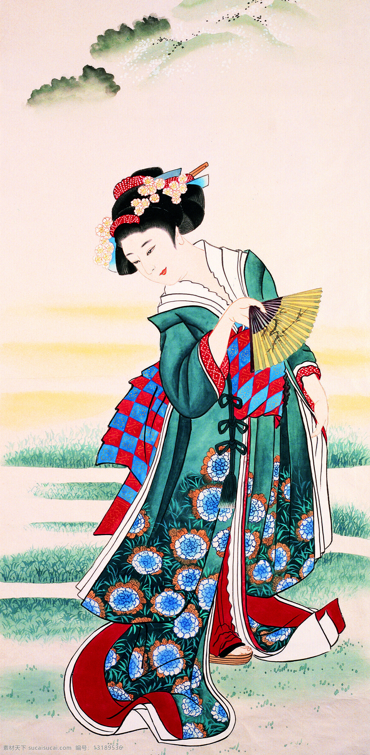 东洋 侍女 扇子 和服 绘画书法 文化艺术 东洋侍女 装饰素材 移门