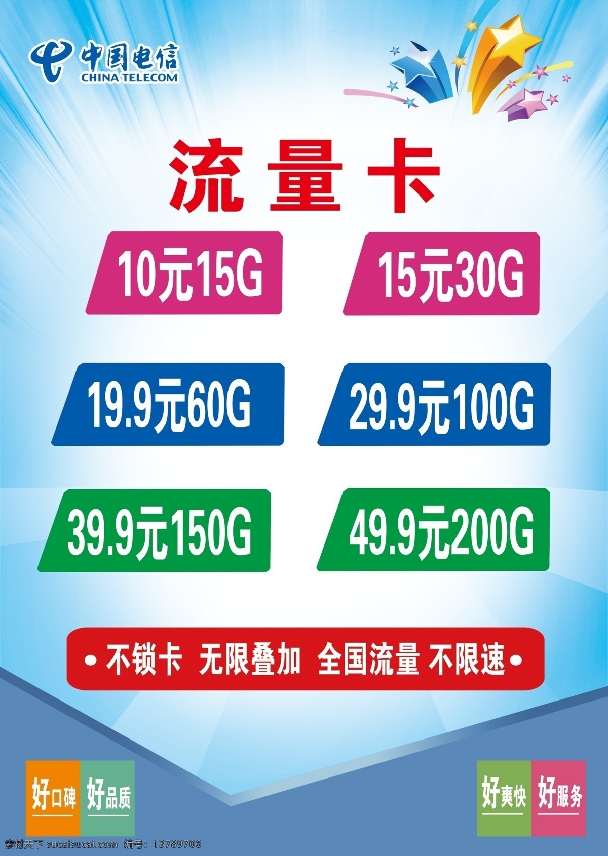 中国电信 电信 流量卡 不锁卡 蓝色 简单 分层