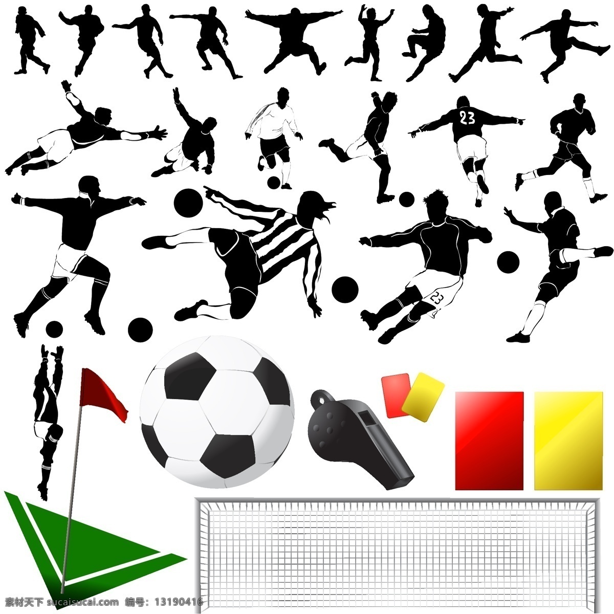 足球 运动 主题 剪影 龙门 矢量素材 体育运动 运动员 足球运动 哨子 足球场一角 红牌 黄牌 矢量图 其他矢量图