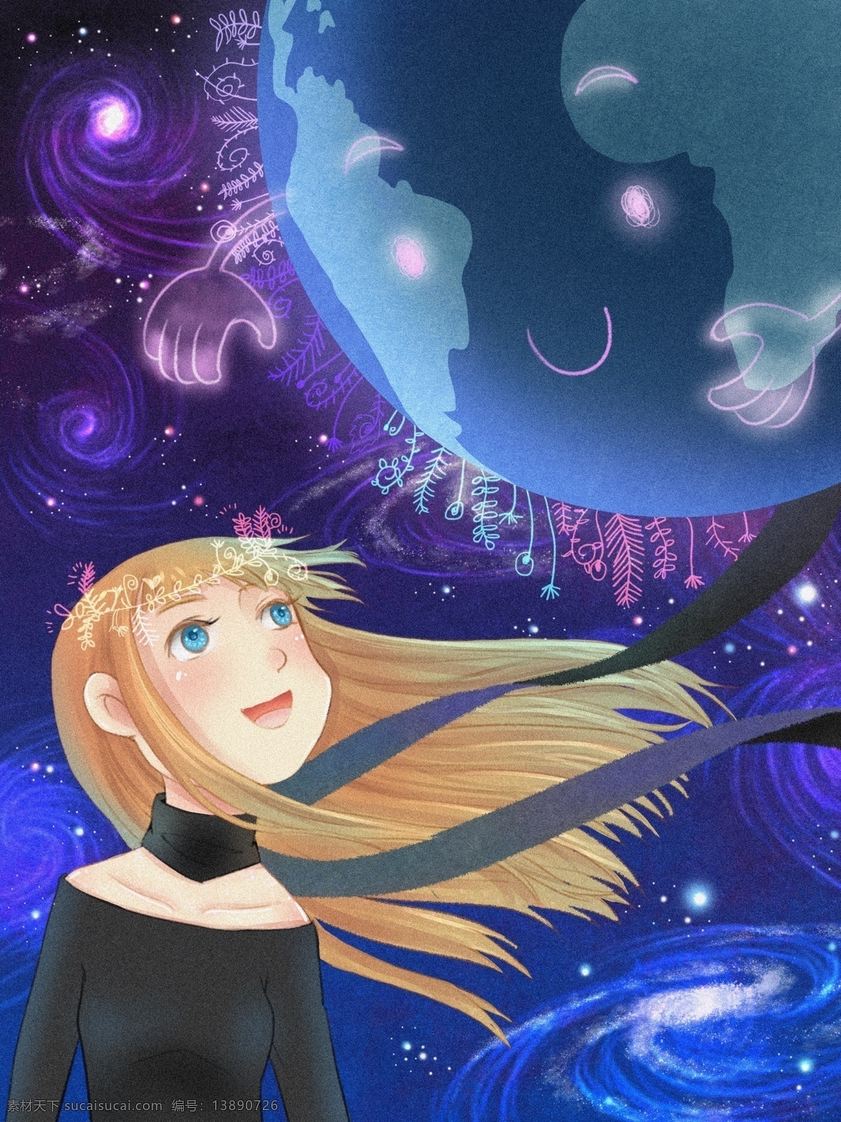 地球日 星空 下 地球 植物 女孩 插画 人物 梦幻