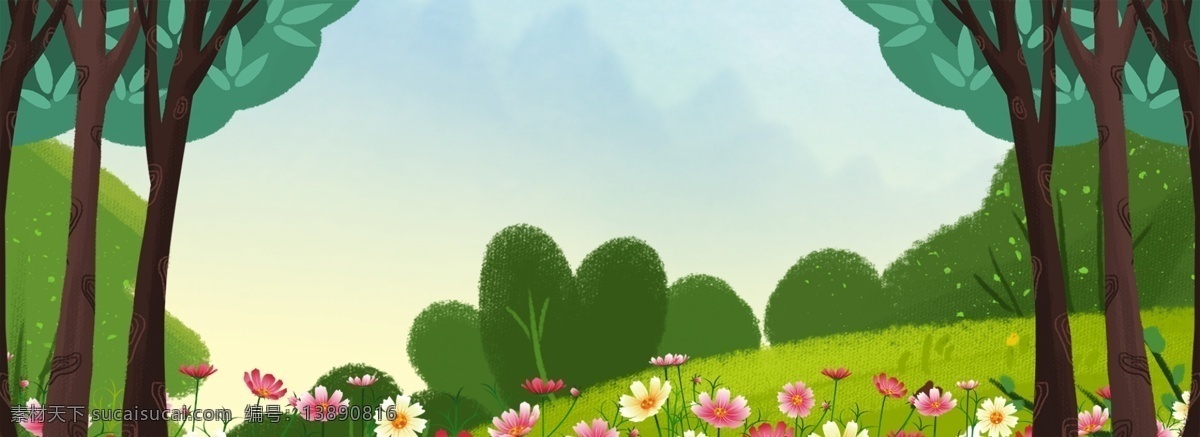 春天 踏青 草地 电商 淘宝 背景 春景 手绘 插画 自然风景 天空 树木 清新 春季上新 风景 淘宝背景