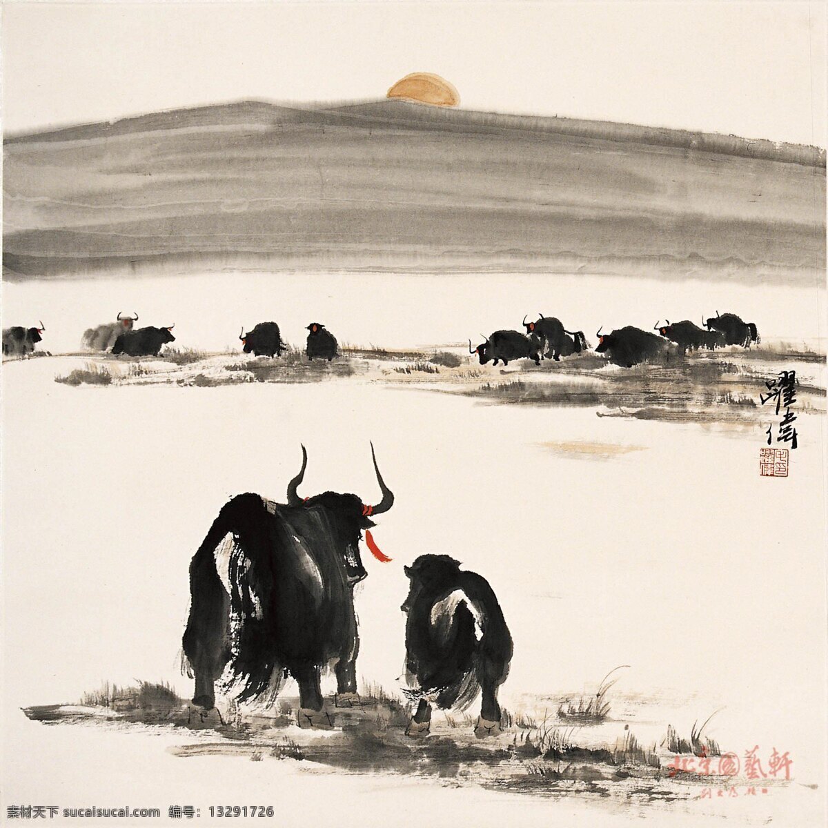 中国画写意牛 国画 牦牛 水墨 日出 远山 牛 写意 绘画书法 文化艺术