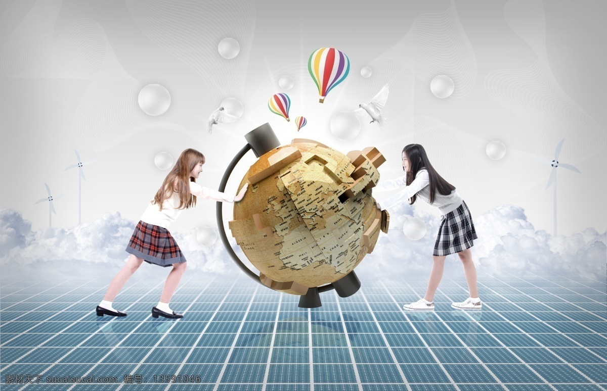 地球仪与女生 地球仪 女生 女孩 热气球 学习教育 儿童教育 现代科技 科技金融 psd素材 白色