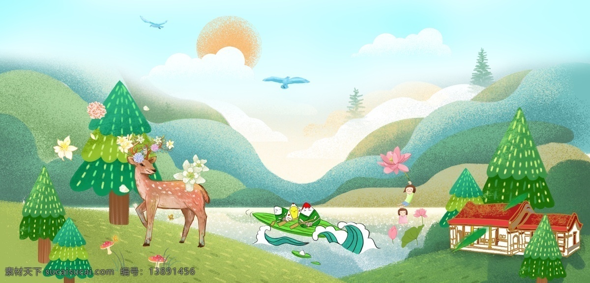 原创 夏日 端午 森林 背景 小 插画 夏天 森林插画 夏日森林 森林里的鹿 夏日清新 清新插画 节气插画 花鸟动物 森林王国
