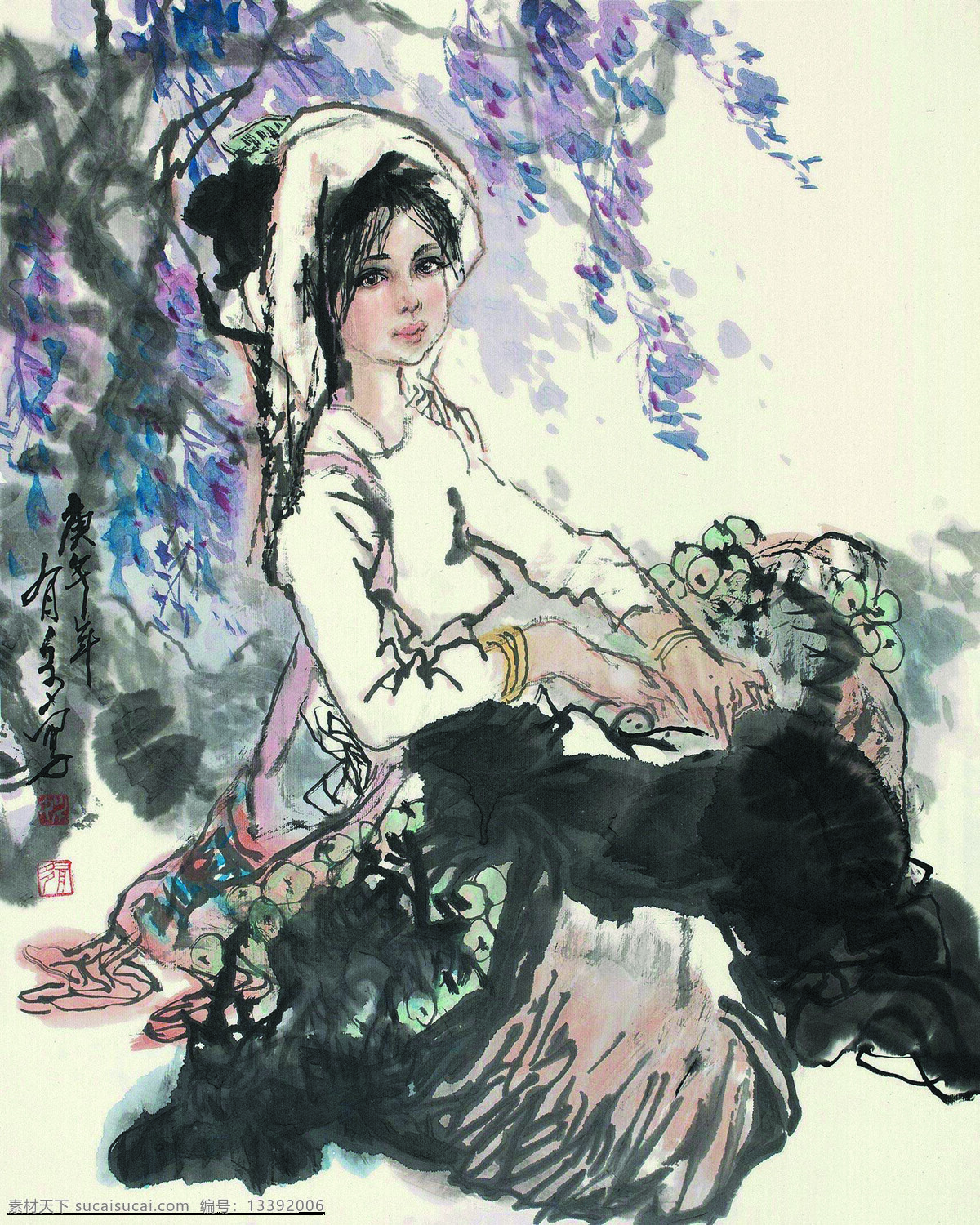 国画人物 美术 中国画 女人 女子 少女 姑娘 枇杷 树木 姚有多国画 文化艺术 绘画书法