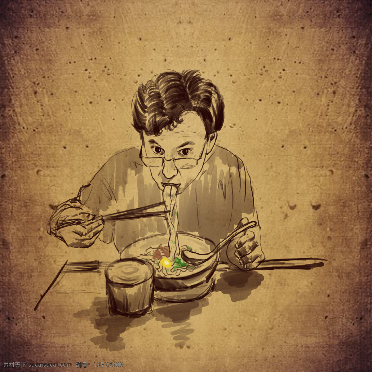 面食爱好者 吃饭 速写 插画 鸡蛋 碗 筷子 人物 青年 文化艺术 绘画书法