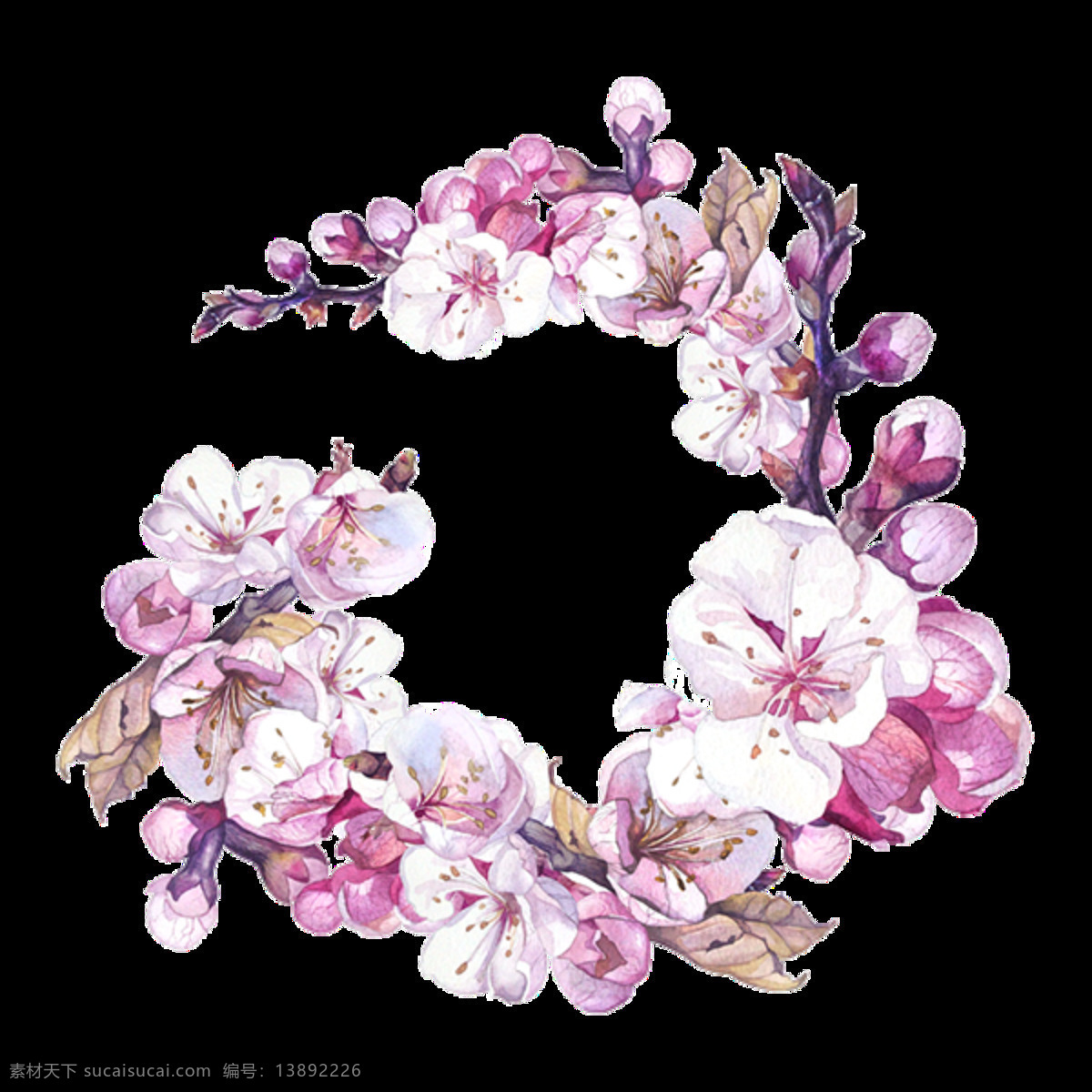 浪漫 紫色 水彩 手绘 花环 装饰 元素 清新 深色花苞 装饰元素 紫色花朵 紫色元素