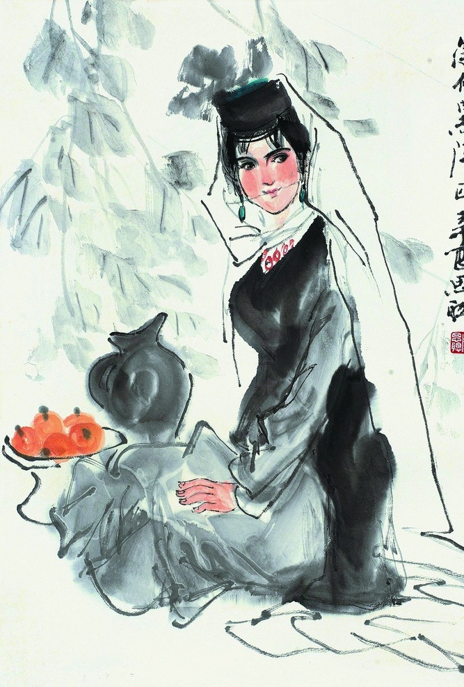 国画少女 美术 中国画 彩墨画 女人 女子 少女 维吾尔族姑娘 枇杷 文化艺术 绘画书法