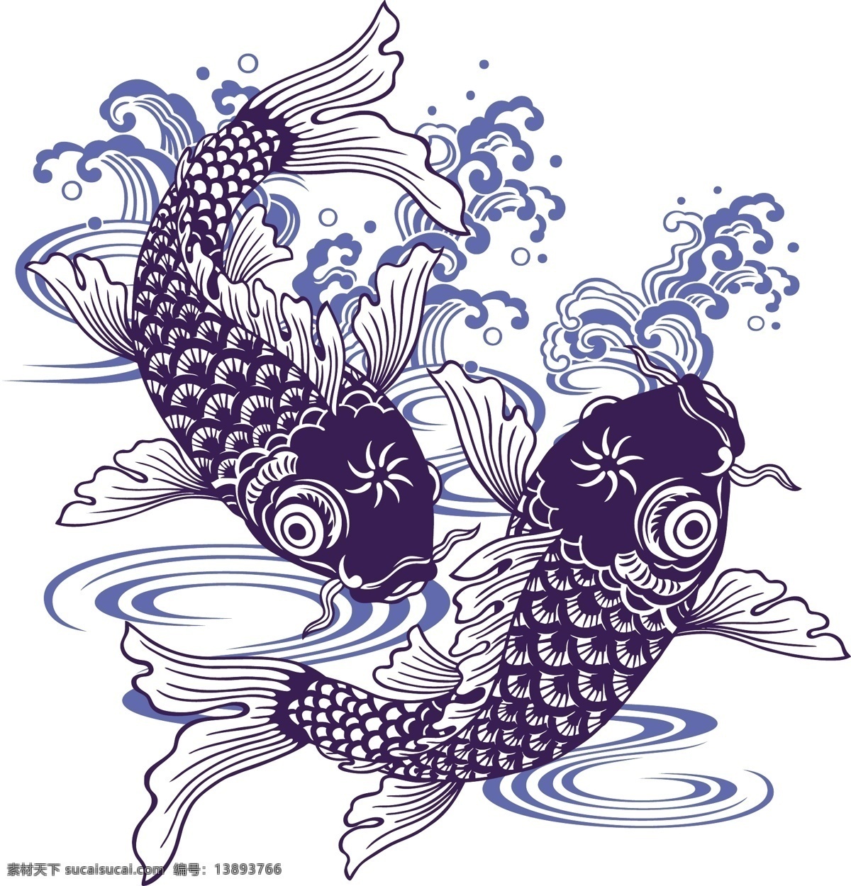 蓝色锦鲤 剪纸鱼 蓝色鱼 海水 水纹 锦鲤 鱼 文化艺术 传统文化