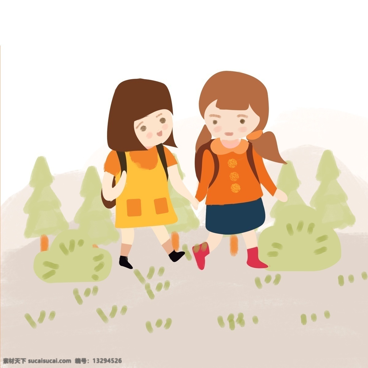 背书 包 小学生 上学 插画 元素 书包 背书包 女学生 山坡 好朋友