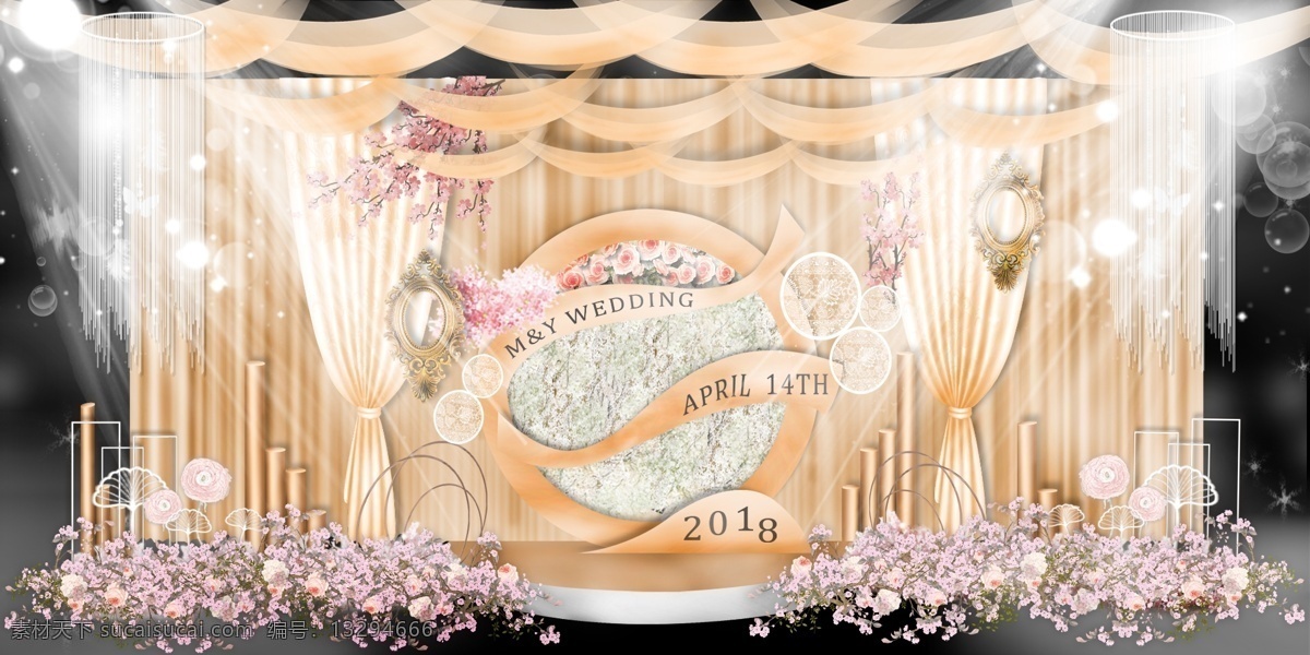 香槟 色 梦幻 婚礼 效果 铁艺 布幔 花艺 复古相框 灯光 香槟色 纱幔