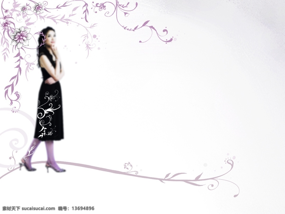 唯美 花纹 藤蔓 美女 分层 韩国素材 krtk 创意设计 人物 插画 女孩 手绘 花朵 花藤 紫色 高跟鞋 黑色 裙装 裙子 长裙 白色