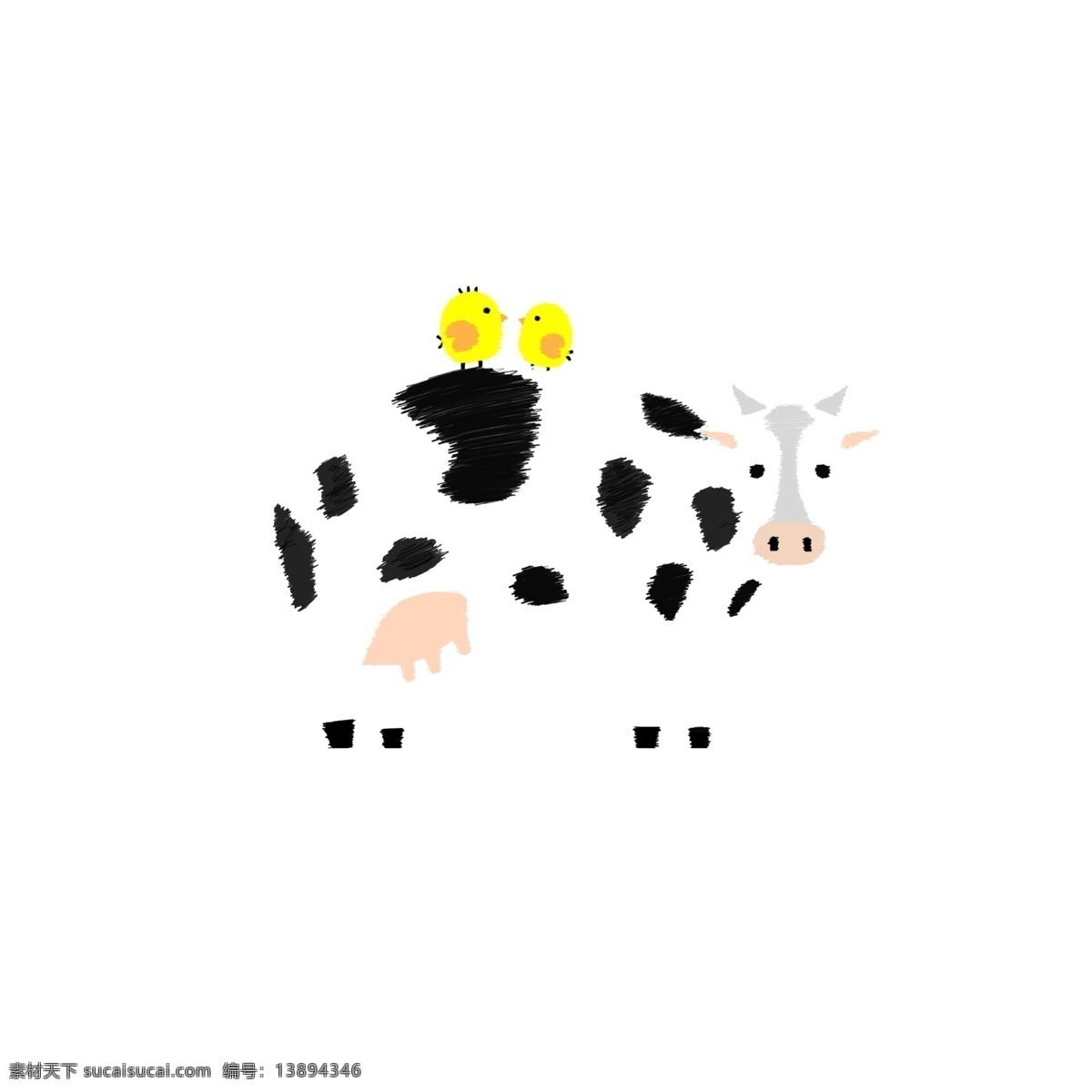两 只 小鸟 大 奶牛 ps 卡通 手绘 插画 手绘线条 黑白线条 小黄鸟 大奶牛 可爱 免抠图