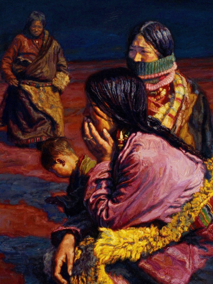 藏民 美术 油画 人物画 女人 藏族妇女 妇人 小孩 祈祷 油画艺术 绘画书法 文化艺术