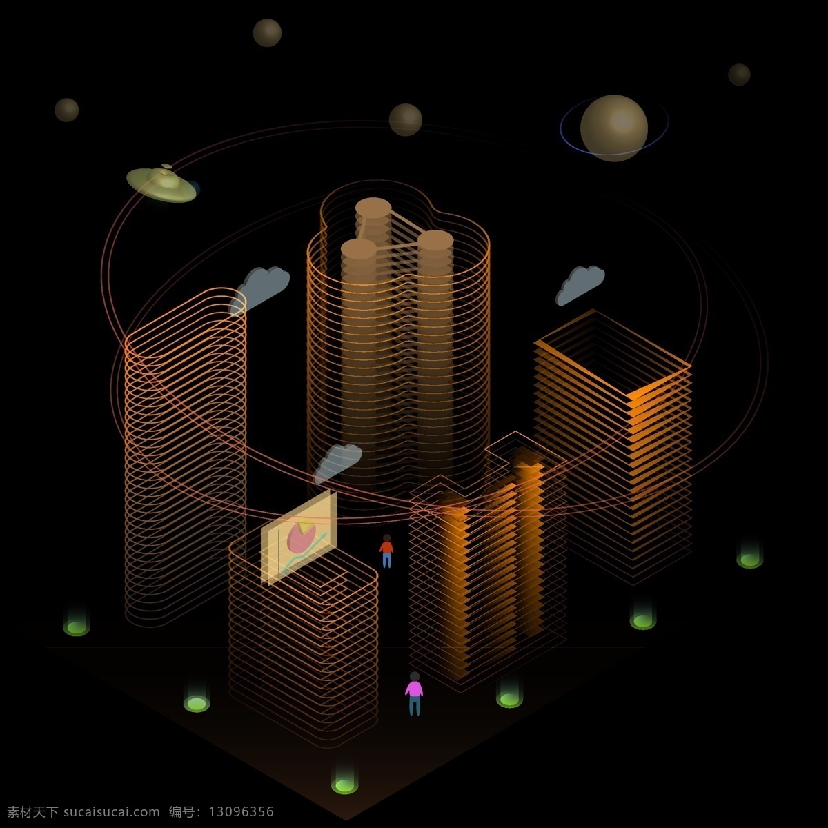 d 线性 城市 橙色 未来 科技 智慧 科技感 星球 建筑 2.5d 原创 线性城市 未来城市 科技城市 飞碟 智慧城市
