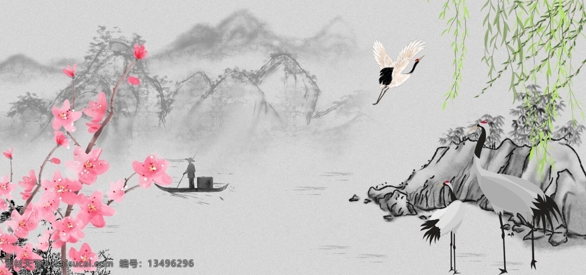 桃花 仙鹤 中国 风 白色 banner 背景 山 树叶 云 中国风 电商 海报 促销 折扣 大减价 复古 水墨